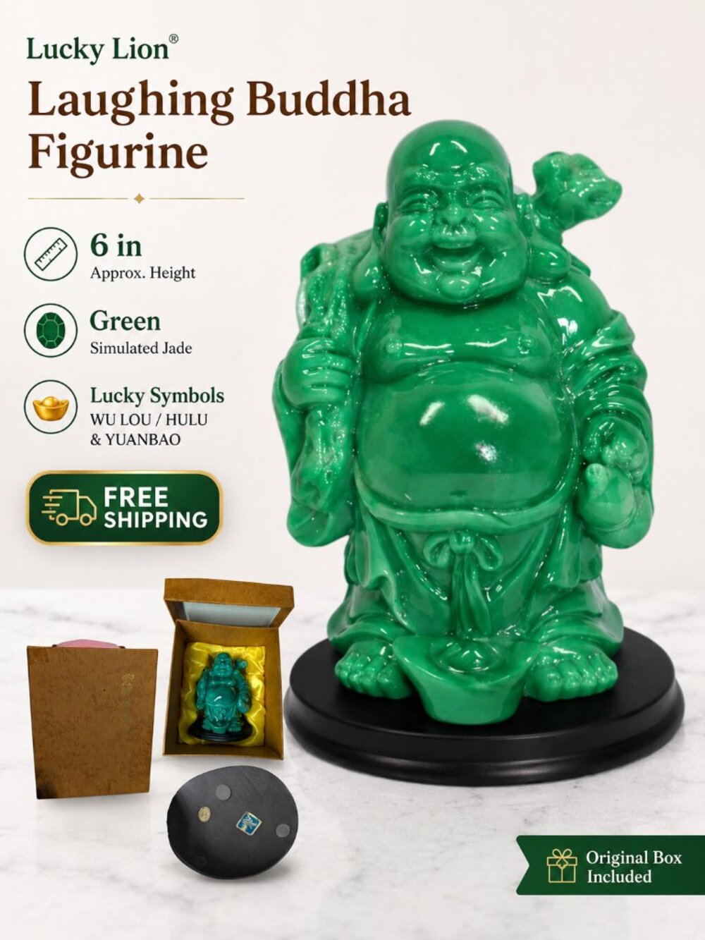 Lucky Lion Laughing Buddha Budai 6" Green Simulated Jade Resin Feng Shui Box